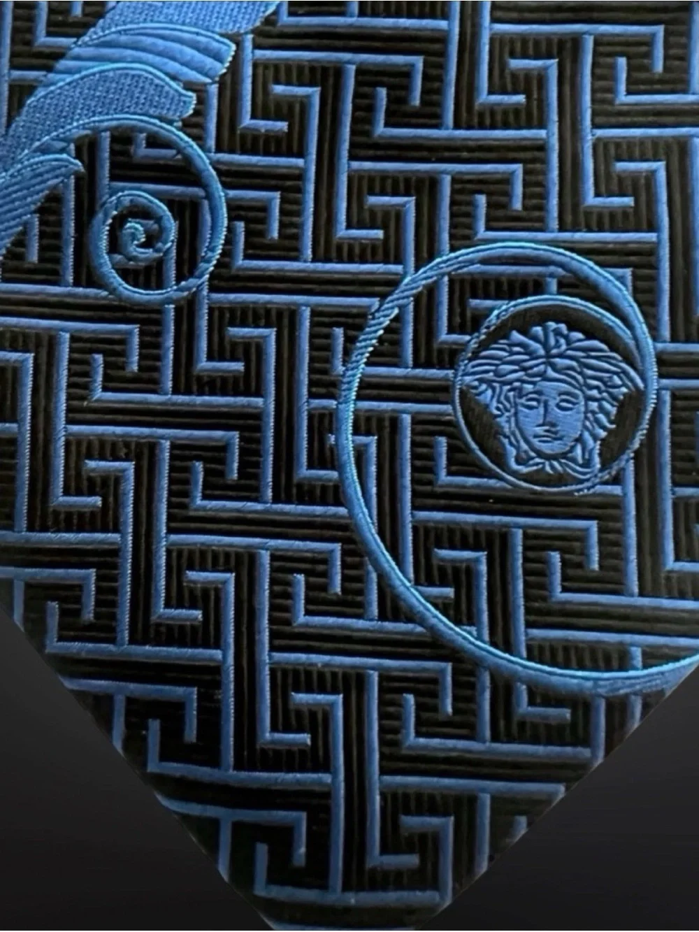 Versace Medusa Silk Tie Blue Black Greca Greek Key Baroque Vintage 59” Italy